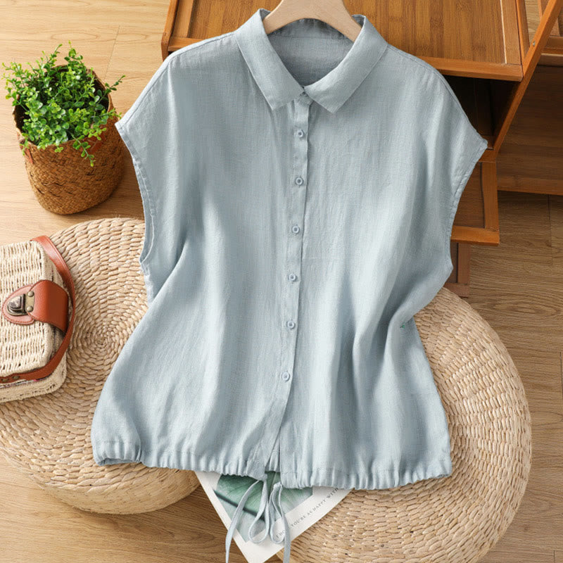 Summer Plain Color Button Short Sleeve Women's Cotton Shirt
