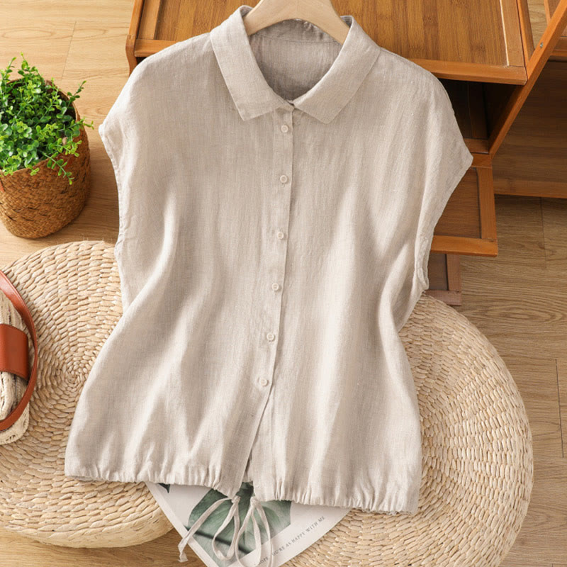 Summer Plain Color Button Short Sleeve Women's Cotton Shirt