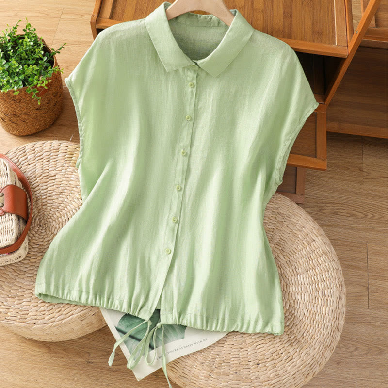 Summer Plain Color Button Short Sleeve Women's Cotton Shirt