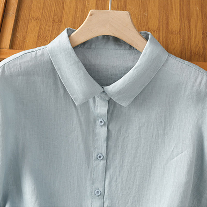 Summer Plain Color Button Short Sleeve Women's Cotton Shirt