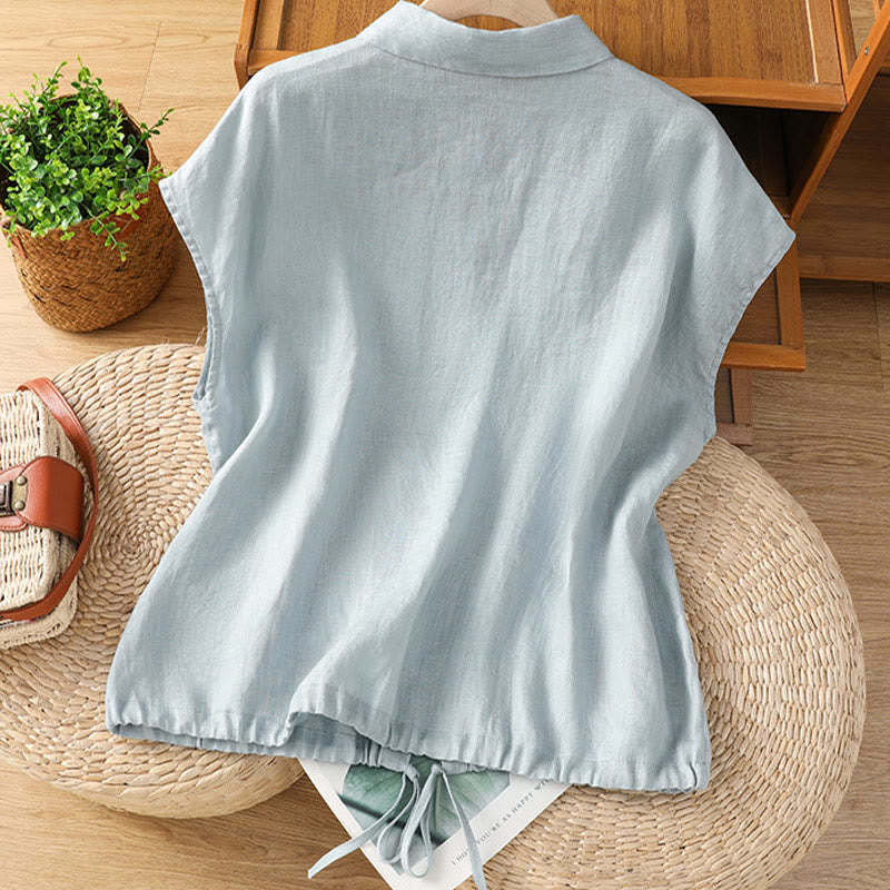 Summer Plain Color Button Short Sleeve Women's Cotton Shirt