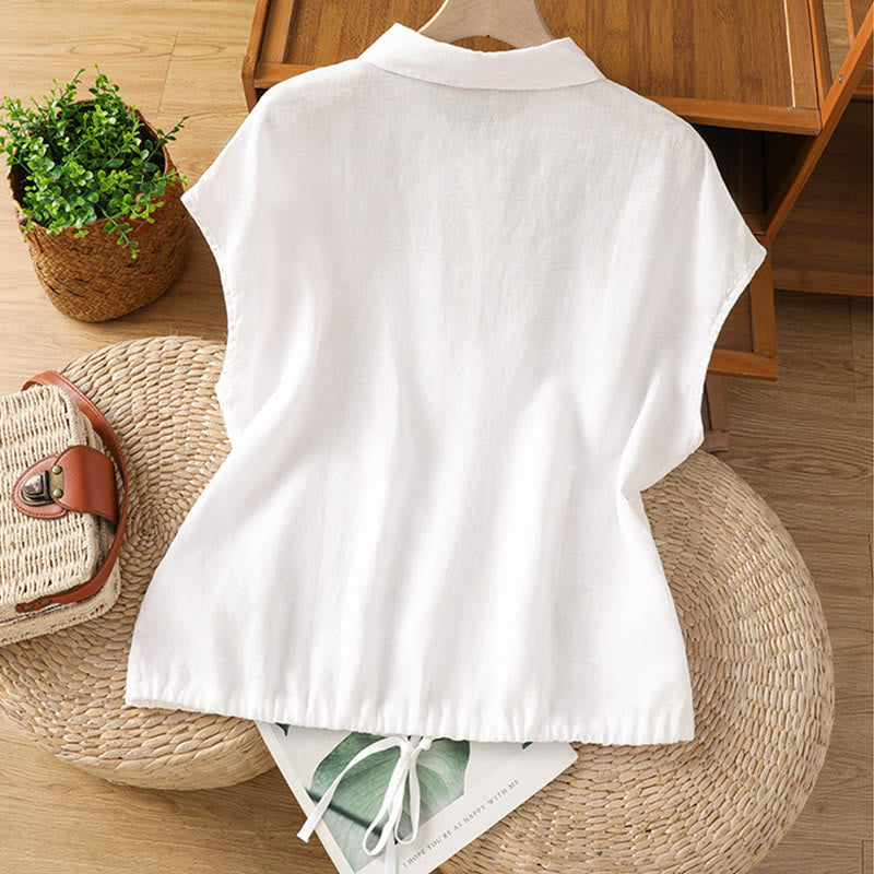 Summer Plain Color Button Short Sleeve Women's Cotton Shirt