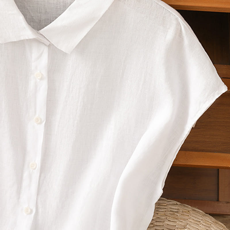 Summer Plain Color Button Short Sleeve Women's Cotton Shirt