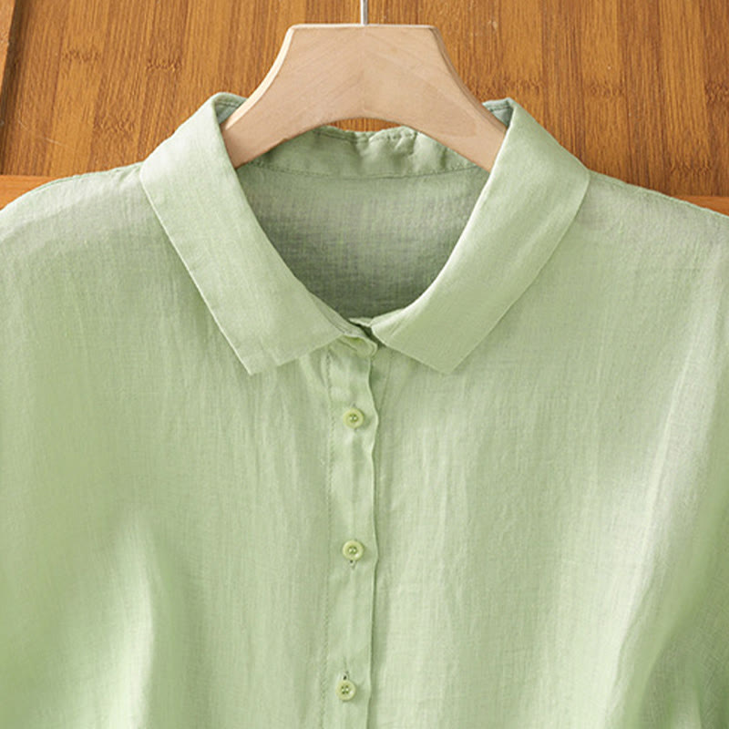 Summer Plain Color Button Short Sleeve Women's Cotton Shirt