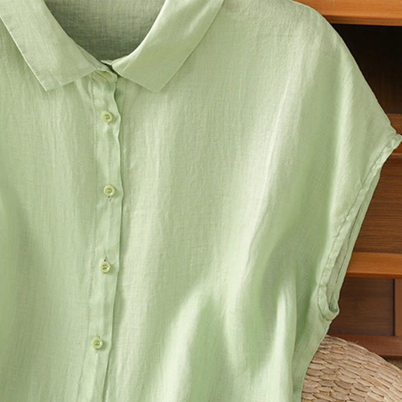 Summer Plain Color Button Short Sleeve Women's Cotton Shirt
