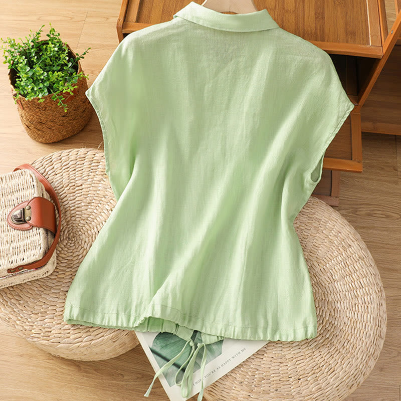 Summer Plain Color Button Short Sleeve Women's Cotton Shirt