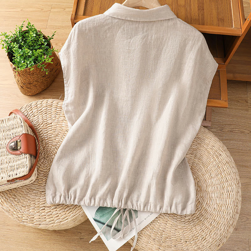 Summer Plain Color Button Short Sleeve Women's Cotton Shirt