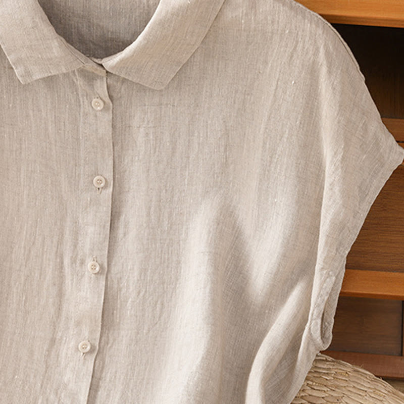 Summer Plain Color Button Short Sleeve Women's Cotton Shirt