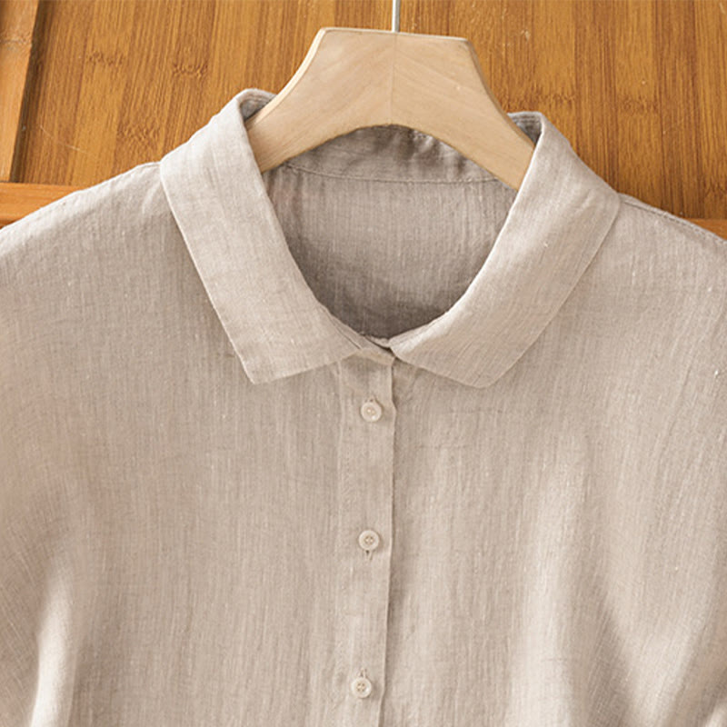 Summer Plain Color Button Short Sleeve Women's Cotton Shirt