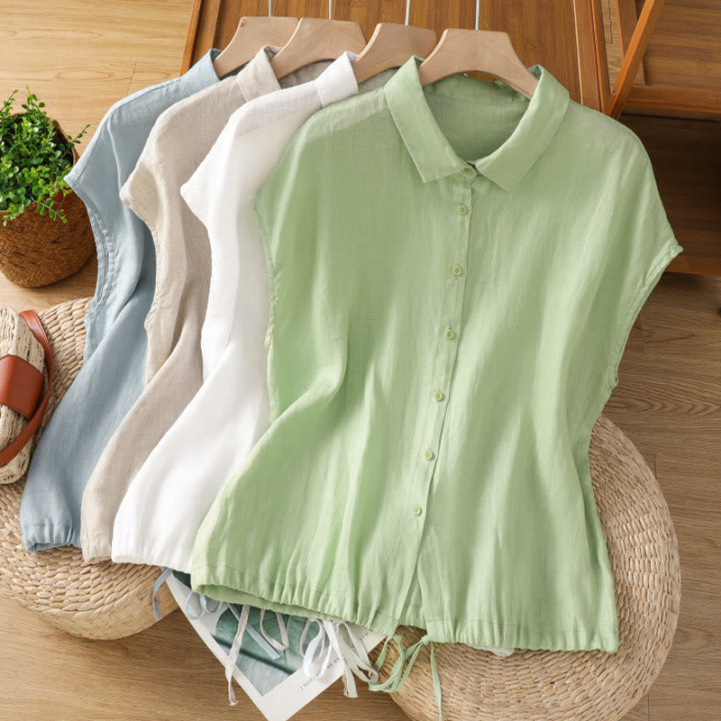 Summer Plain Color Button Short Sleeve Women's Cotton Shirt