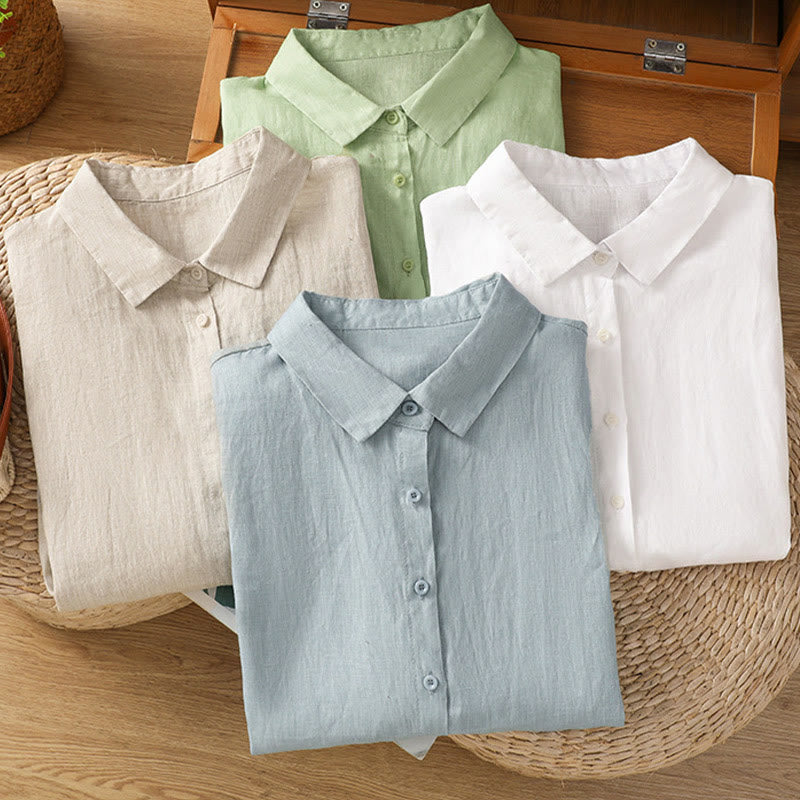 Summer Plain Color Button Short Sleeve Women's Cotton Shirt