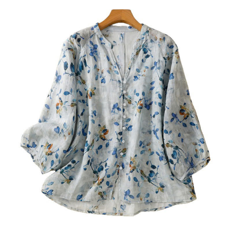 Lightweight Cotton Floral V-Neck Mindful Lounge Shirt