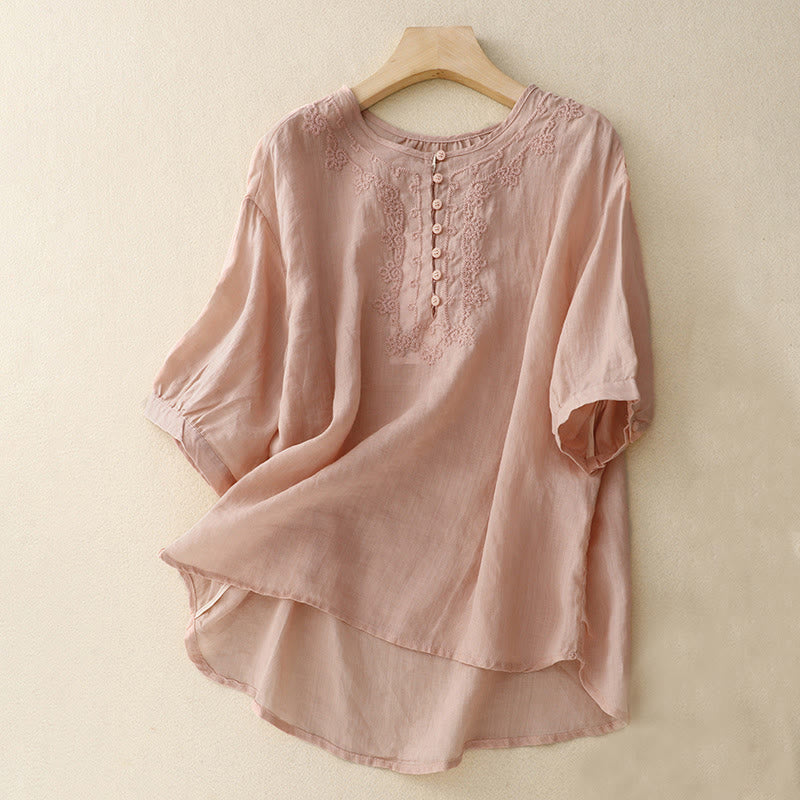 Line Embroidery Button Crew Neck Half Sleeve Women's Cotton Shirt