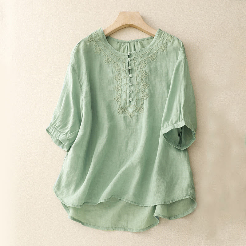 Line Embroidery Button Crew Neck Half Sleeve Women's Cotton Shirt