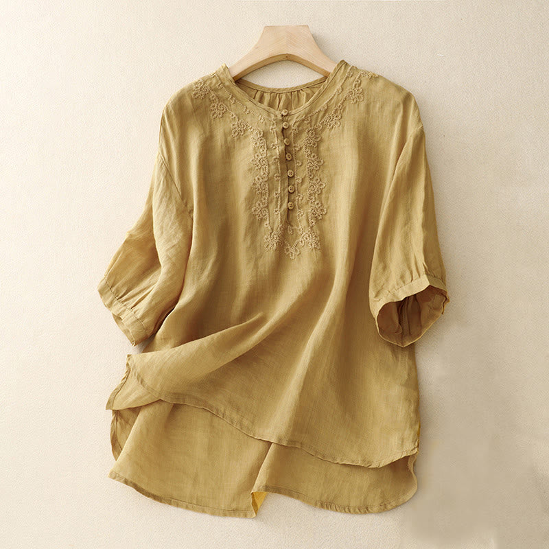 Line Embroidery Button Crew Neck Half Sleeve Women's Cotton Shirt