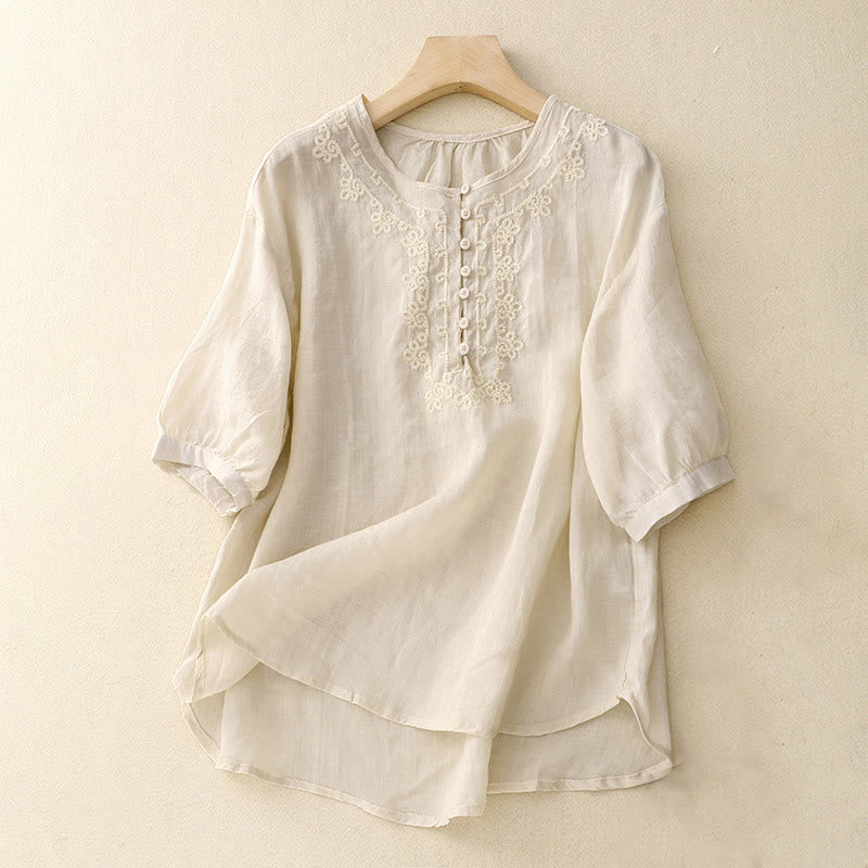 Line Embroidery Button Crew Neck Half Sleeve Women's Cotton Shirt