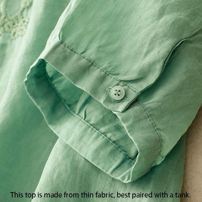 Line Embroidery Button Crew Neck Half Sleeve Women's Cotton Shirt