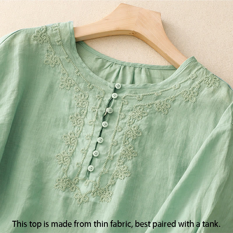 Line Embroidery Button Crew Neck Half Sleeve Women's Cotton Shirt