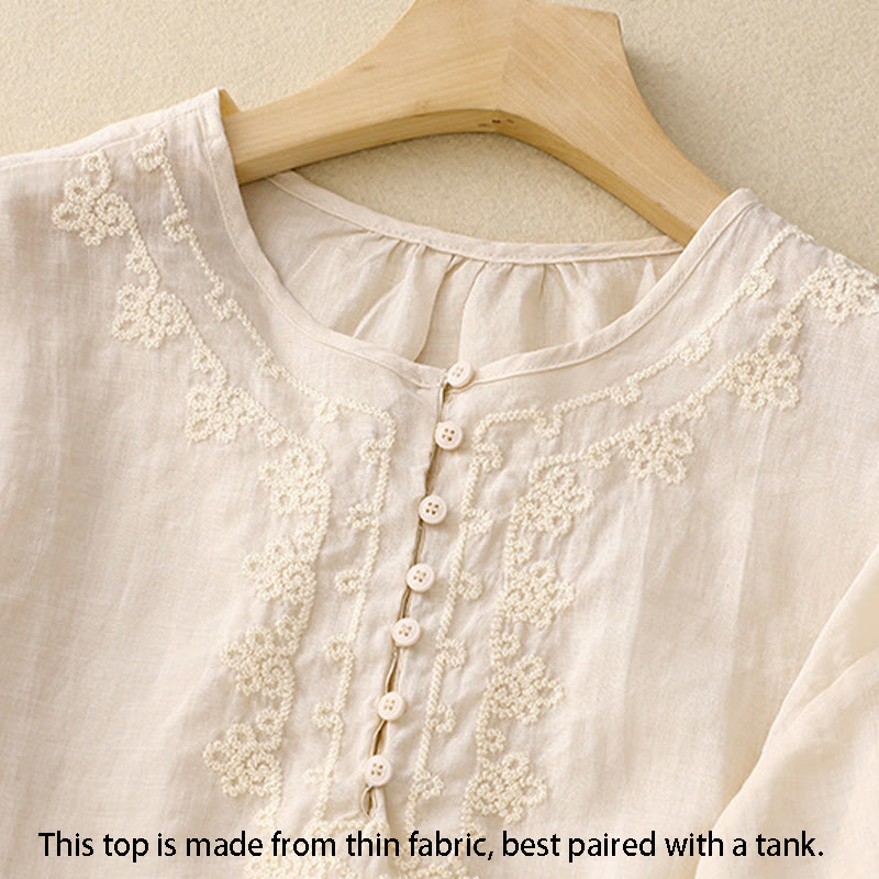 Line Embroidery Button Crew Neck Half Sleeve Women's Cotton Shirt