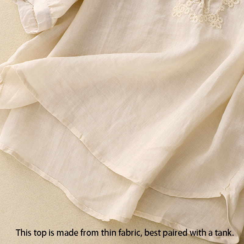 Line Embroidery Button Crew Neck Half Sleeve Women's Cotton Shirt