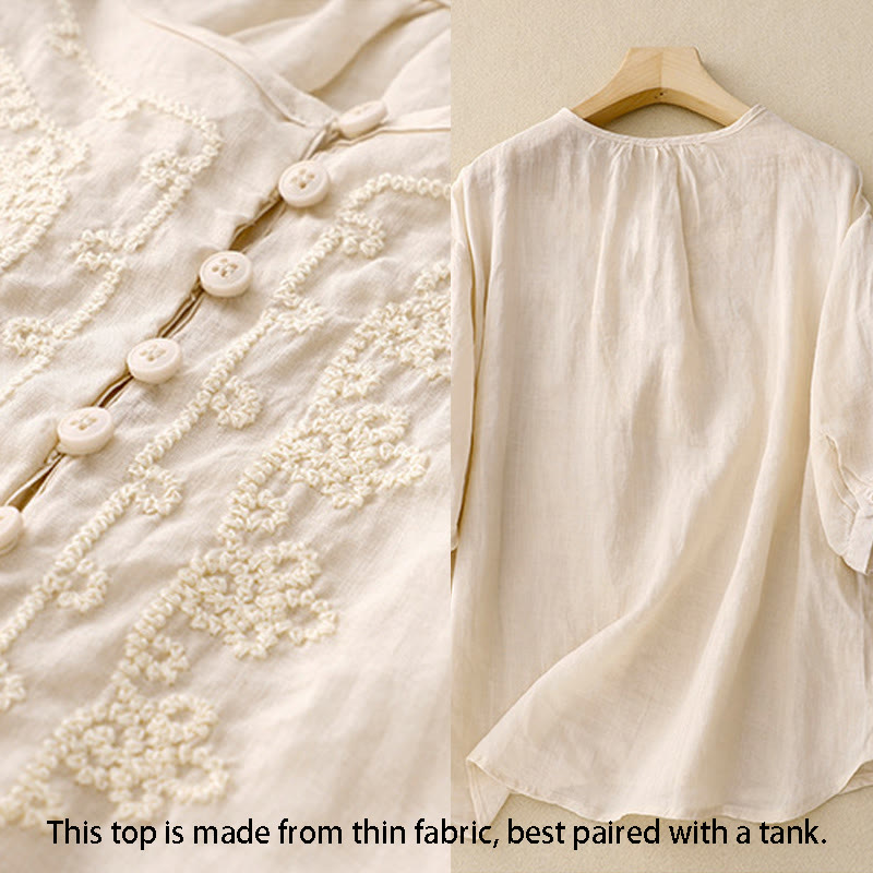 Line Embroidery Button Crew Neck Half Sleeve Women's Cotton Shirt
