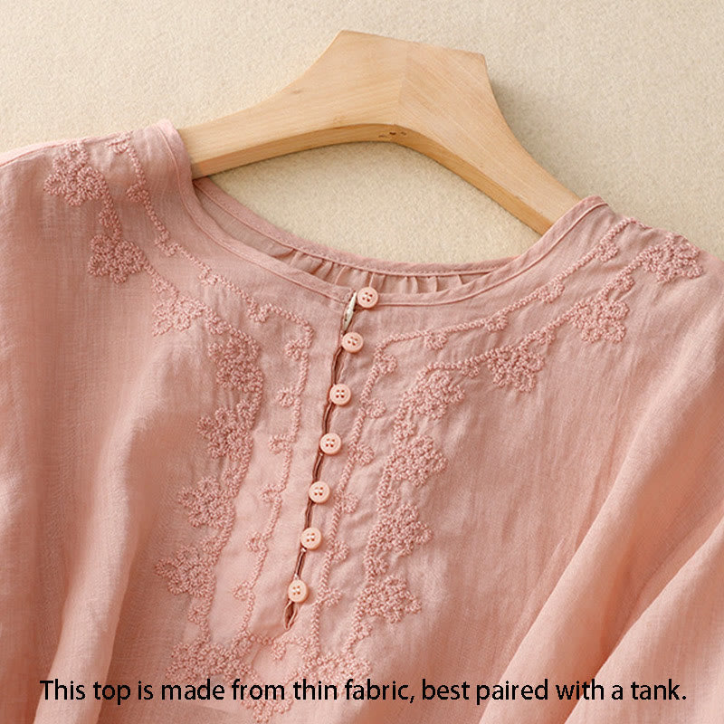 Line Embroidery Button Crew Neck Half Sleeve Women's Cotton Shirt