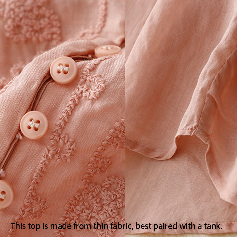 Line Embroidery Button Crew Neck Half Sleeve Women's Cotton Shirt