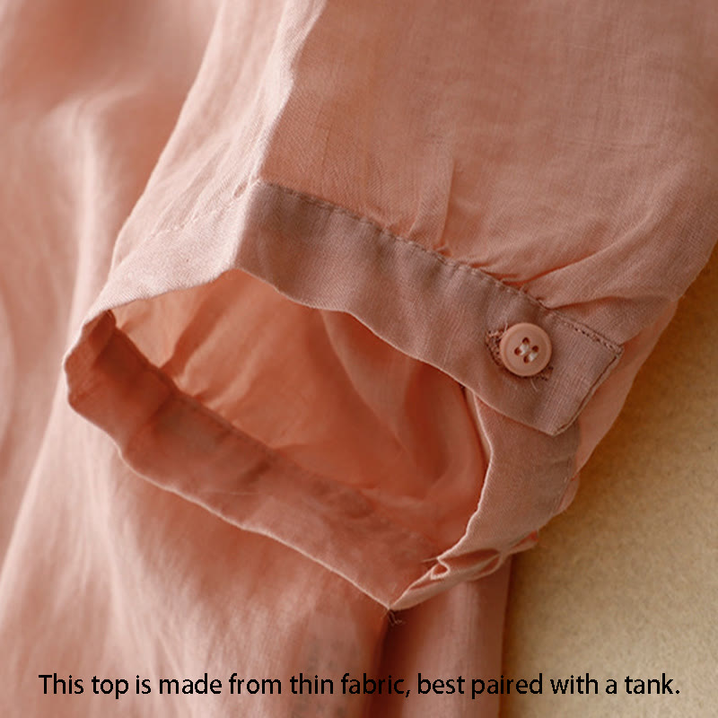 Line Embroidery Button Crew Neck Half Sleeve Women's Cotton Shirt