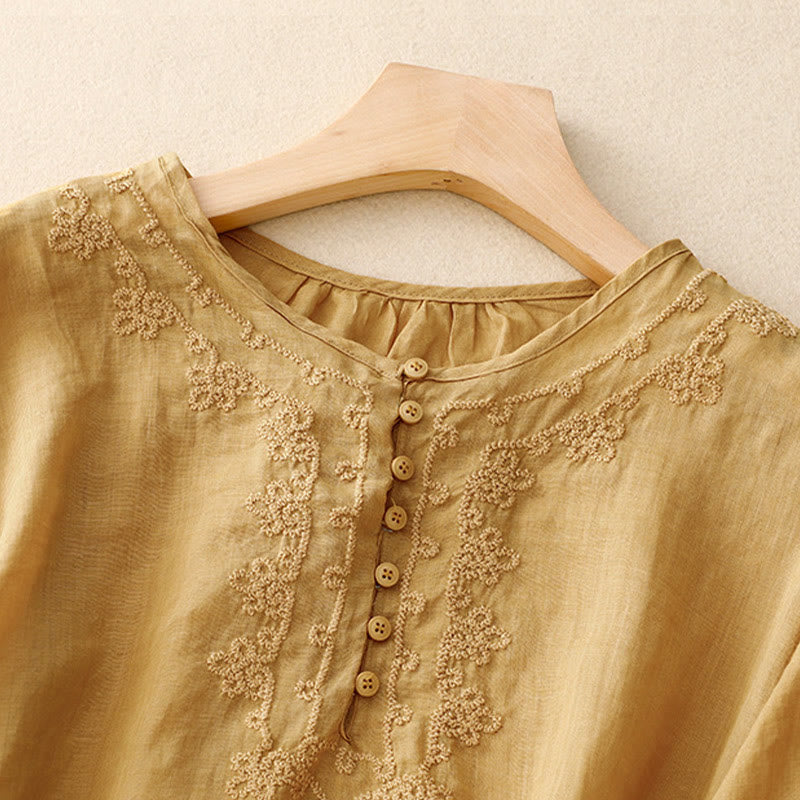 Line Embroidery Button Crew Neck Half Sleeve Women's Cotton Shirt