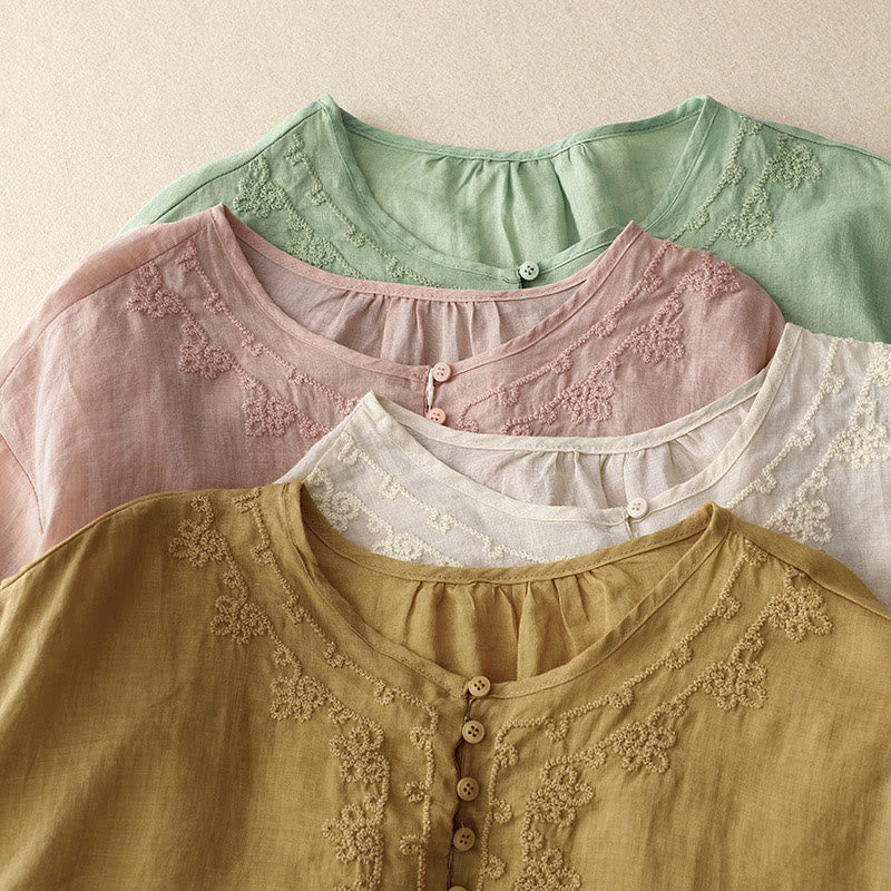 Line Embroidery Button Crew Neck Half Sleeve Women's Cotton Shirt