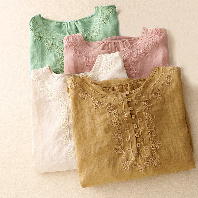 Line Embroidery Button Crew Neck Half Sleeve Women's Cotton Shirt
