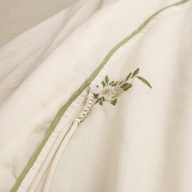 Beige Floral Green Leaf Embroidery Crew Neck Three Quarter Sleeve Women's Cotton Shirt