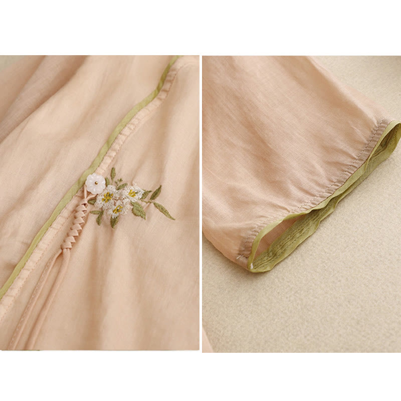 Beige Floral Green Leaf Embroidery Crew Neck Three Quarter Sleeve Women's Cotton Shirt