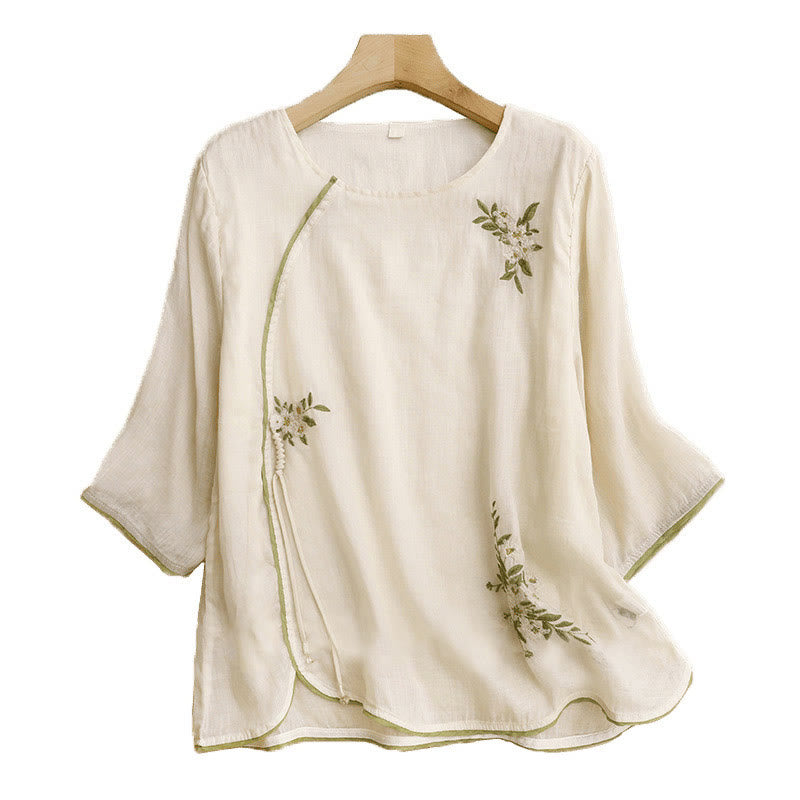 Beige Floral Green Leaf Embroidery Crew Neck Three Quarter Sleeve Women's Cotton Shirt