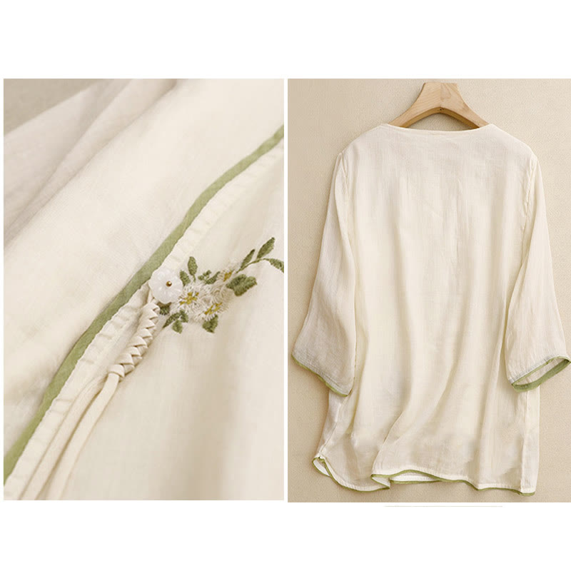 Beige Floral Green Leaf Embroidery Crew Neck Three Quarter Sleeve Women's Cotton Shirt