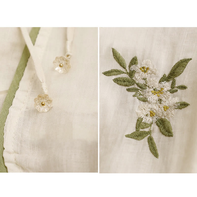 Beige Floral Green Leaf Embroidery Crew Neck Three Quarter Sleeve Women's Cotton Shirt