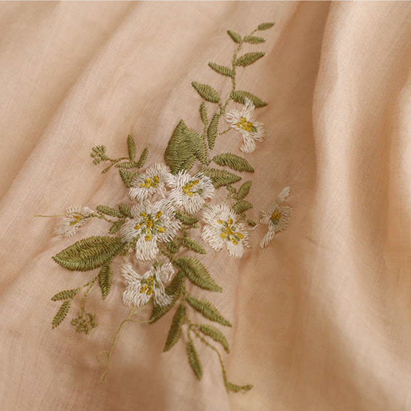 Beige Floral Green Leaf Embroidery Crew Neck Three Quarter Sleeve Women's Cotton Shirt