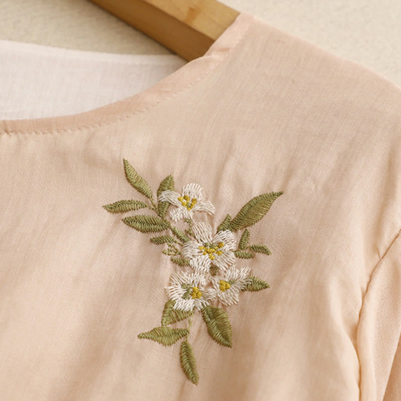 Beige Floral Green Leaf Embroidery Crew Neck Three Quarter Sleeve Women's Cotton Shirt
