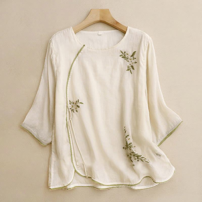 Beige Floral Green Leaf Embroidery Crew Neck Three Quarter Sleeve Women's Cotton Shirt