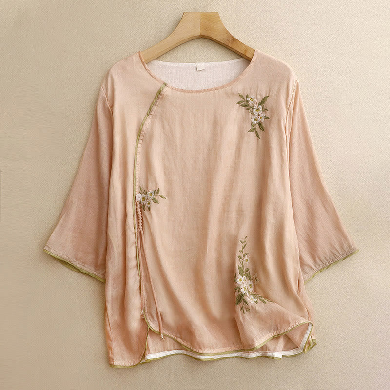 Beige Floral Green Leaf Embroidery Crew Neck Three Quarter Sleeve Women's Cotton Shirt