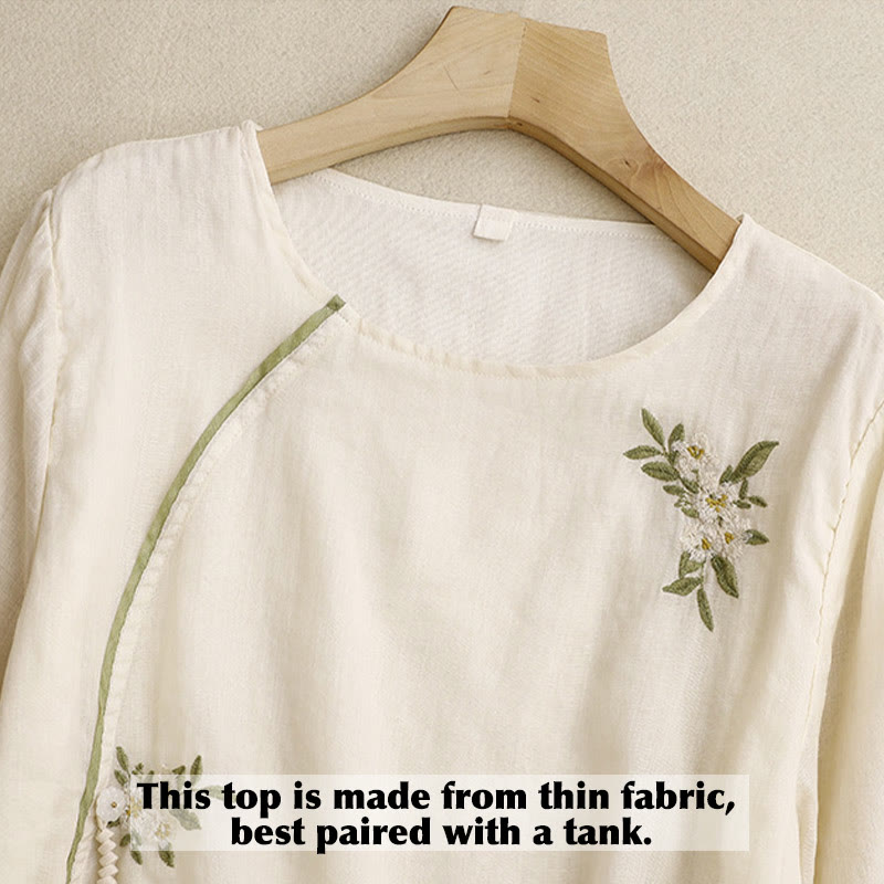 Beige Floral Green Leaf Embroidery Crew Neck Three Quarter Sleeve Women's Cotton Shirt