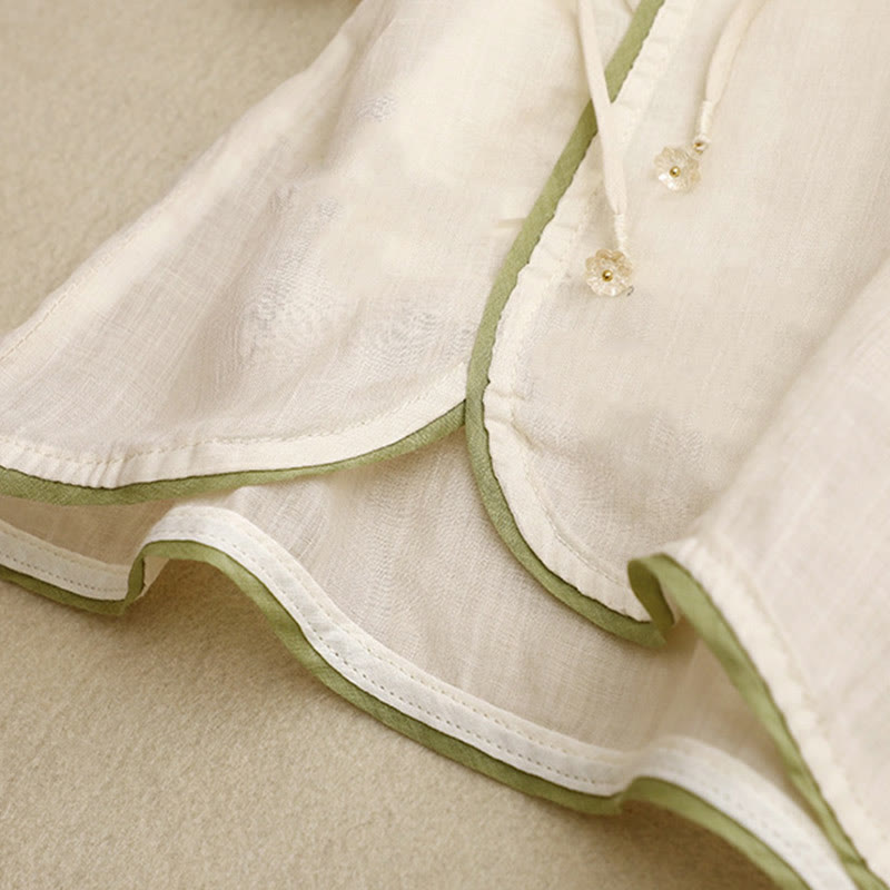 Beige Floral Green Leaf Embroidery Crew Neck Three Quarter Sleeve Women's Cotton Shirt