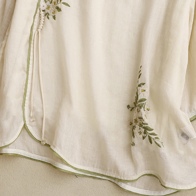 Beige Floral Green Leaf Embroidery Crew Neck Three Quarter Sleeve Women's Cotton Shirt