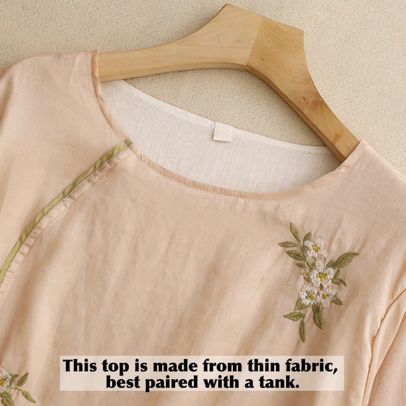 Beige Floral Green Leaf Embroidery Crew Neck Three Quarter Sleeve Women's Cotton Shirt