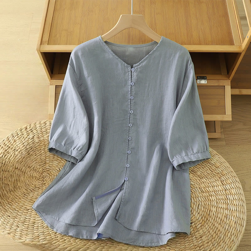 Solid Buttons V-Neck Half Sleeve Women's Shirt