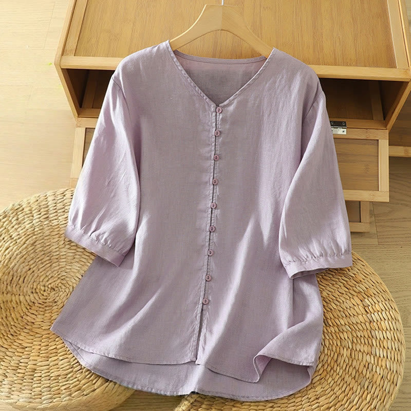 Solid Buttons V-Neck Half Sleeve Women's Shirt