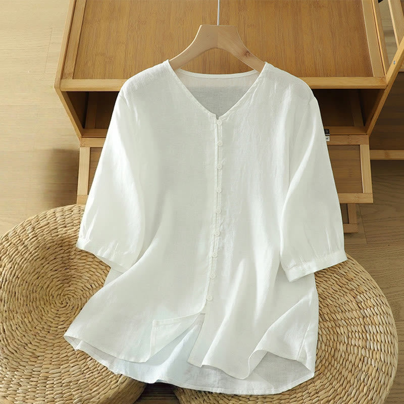 Solid Buttons V-Neck Half Sleeve Women's Shirt
