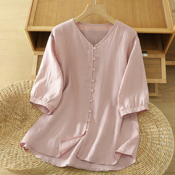 Solid Buttons V-Neck Half Sleeve Women's Shirt