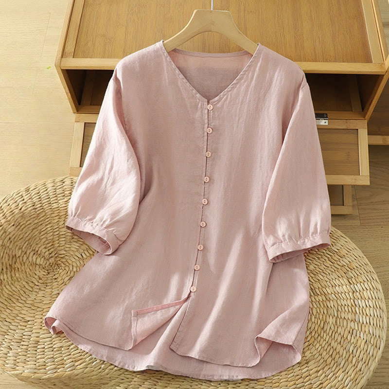 Solid Buttons V-Neck Half Sleeve Women's Shirt