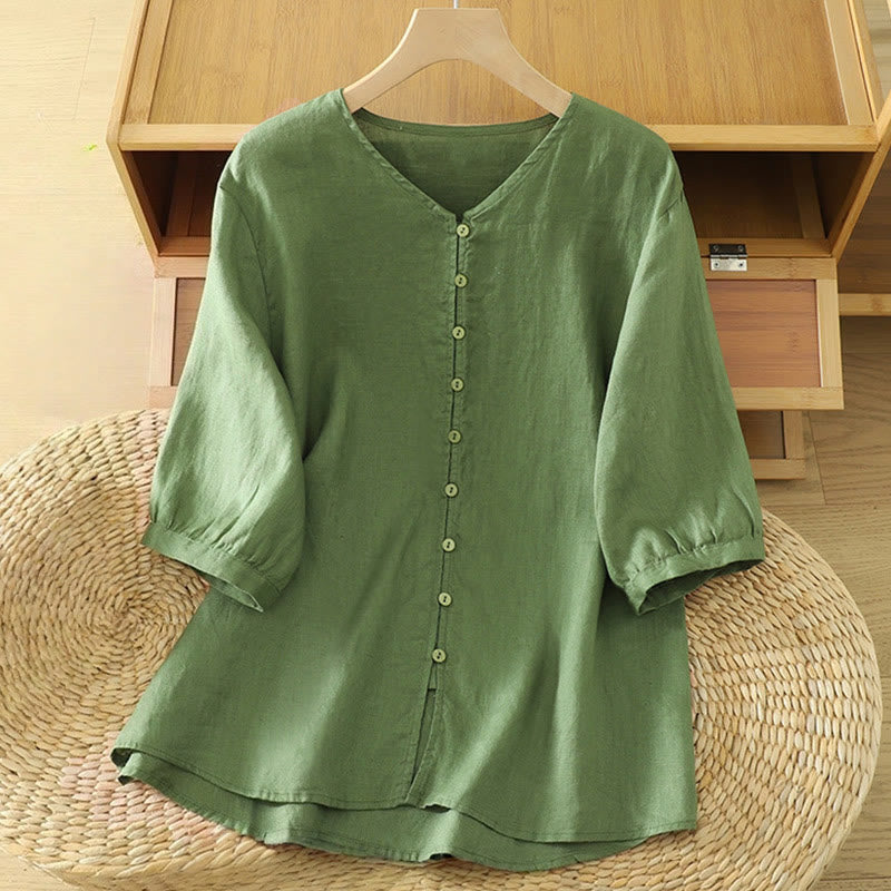 Solid Buttons V-Neck Half Sleeve Women's Shirt